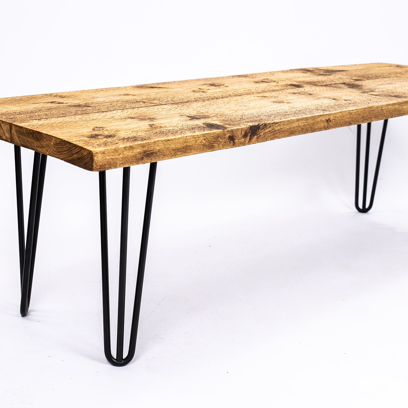 Bespoke solid wooden bench with rustic light brown seat and industrial steel hairpin legs free uk delivery
