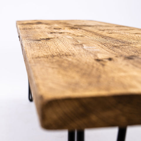 Rustic light brown bespoke solid wooden bench with industrial steel hairpin legs offering free uk delivery and free furniture care
