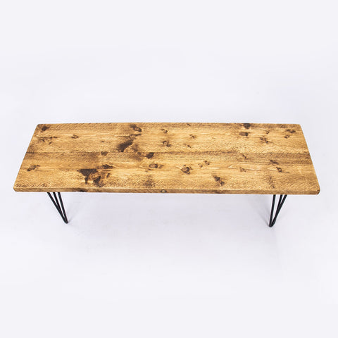 Rustic light brown bespoke solid wooden bench with industrial steel hairpin legs and free uk delivery available