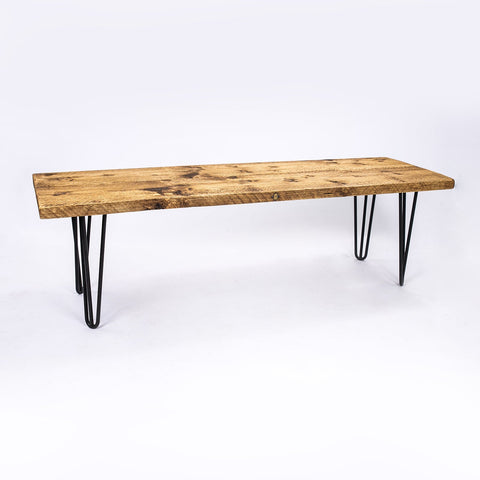 Rustic wooden bench with industrial steel black hairpin legs perfect for rustic seating free uk delivery and care