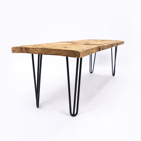Rustic wooden bench with industrial steel hairpin legs in black perfect for stylish seating with free uk delivery