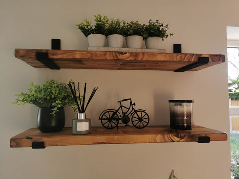 Rustic wooden bespoke wall shelves with black metal brackets perfect as school shelves with free delivery by dab