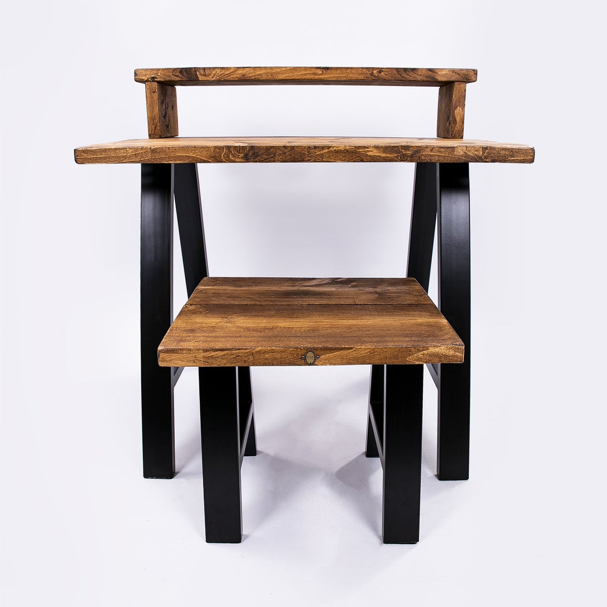 Rustic wooden bespoke work from home desk with black metal legs and matching stool ideal for furniture care kit use