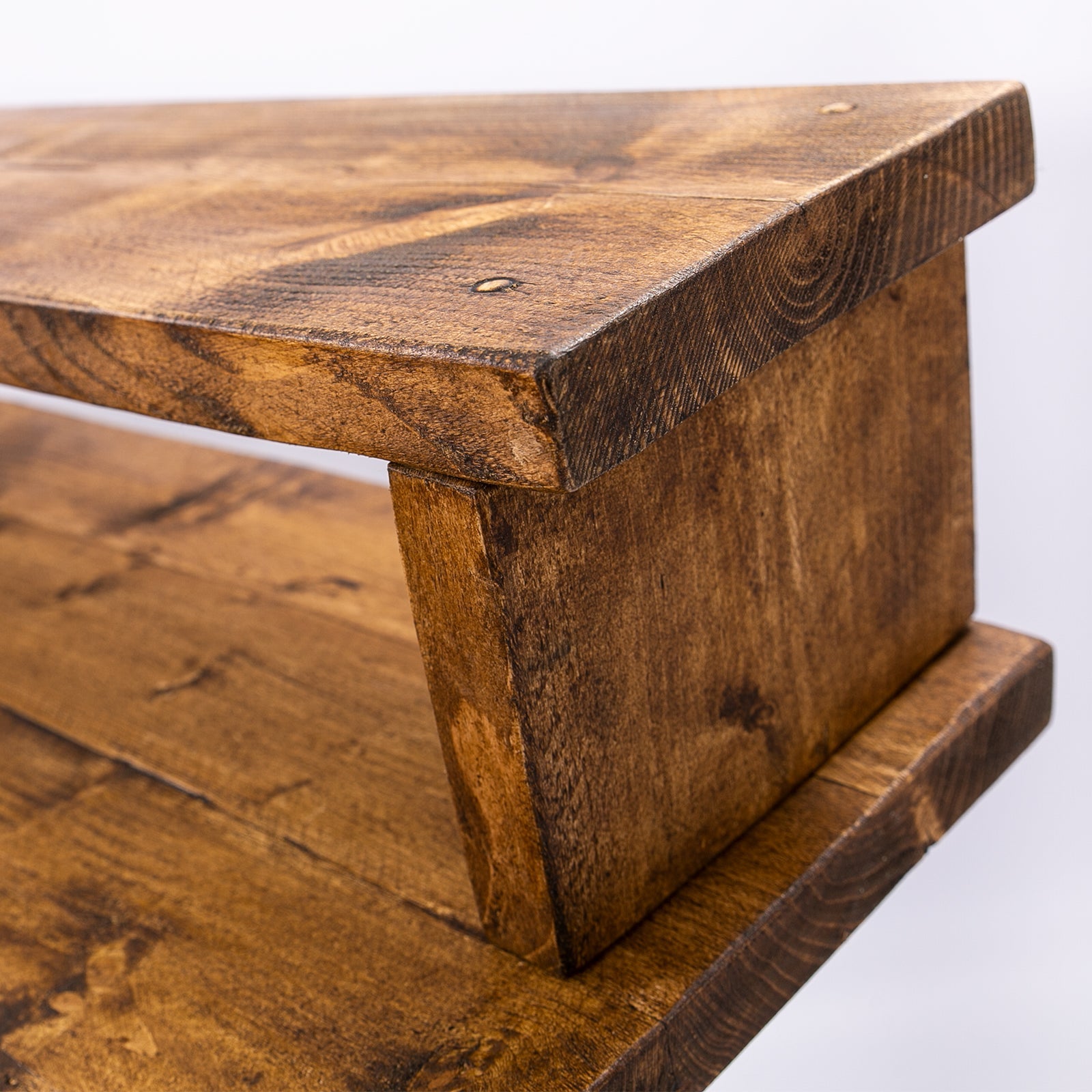 Rustic wooden shelf with visible grain and natural wood tones part of bespoke work from home desk and stool furniture care kit included