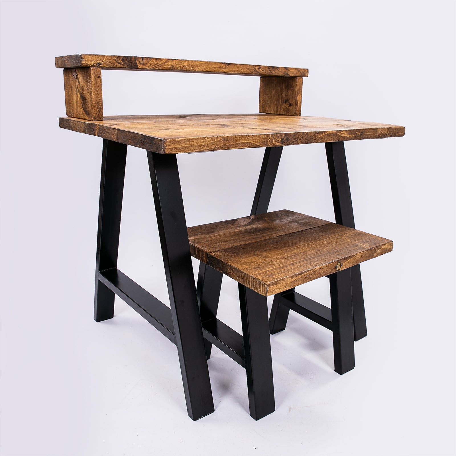 Rustic wooden bespoke work from home desk and stool with black metal legs perfect for furniture care kit use