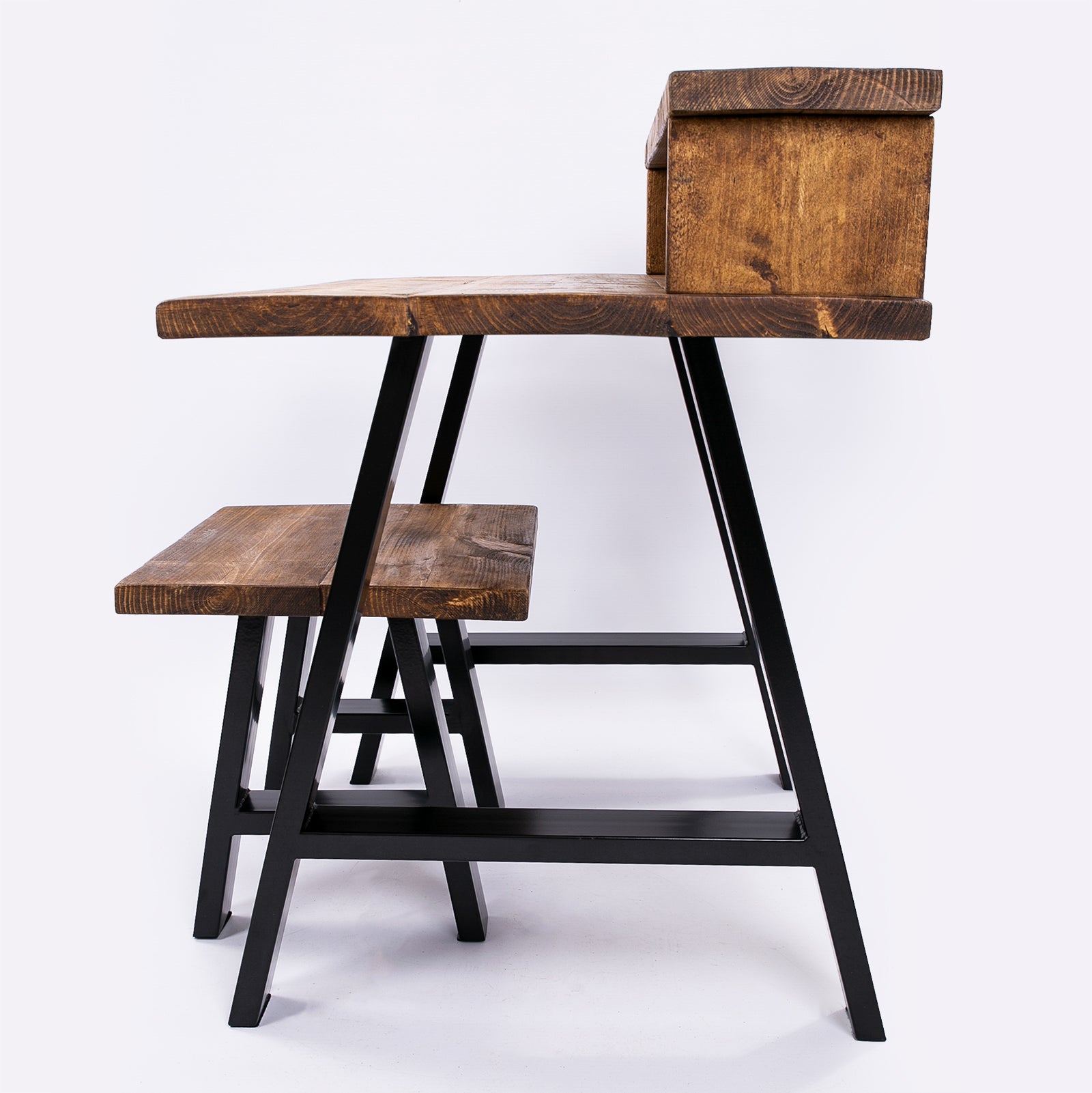 Rustic wooden desk with black metal legs and matching bench ideal for home office use plus furniture care kit tips