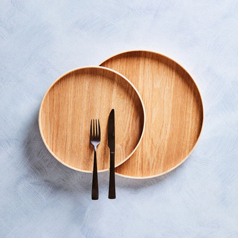 Two bessan large natural fir wood trays in light brown with visible grain and a matte finish