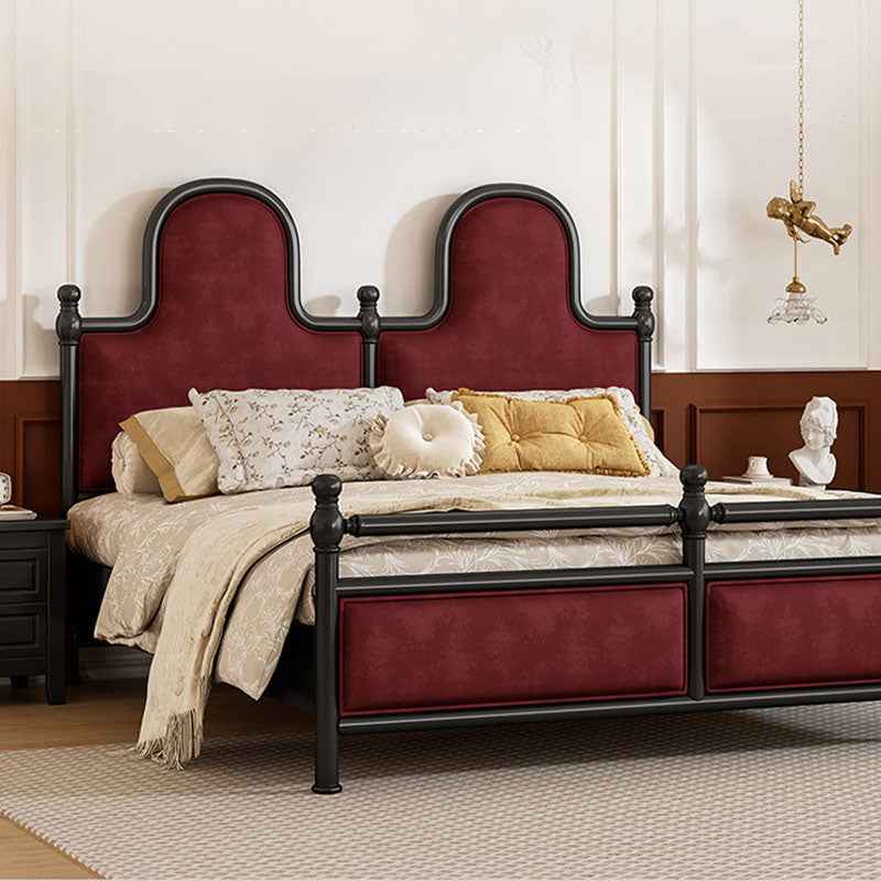 Elegant betty king size bed frame with black metal and rich burgundy upholstered headboard and footboard panels