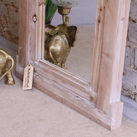 Betul full size wooden arch mirror with a rustic wooden arch frame in light beige finish and visible wood grain
