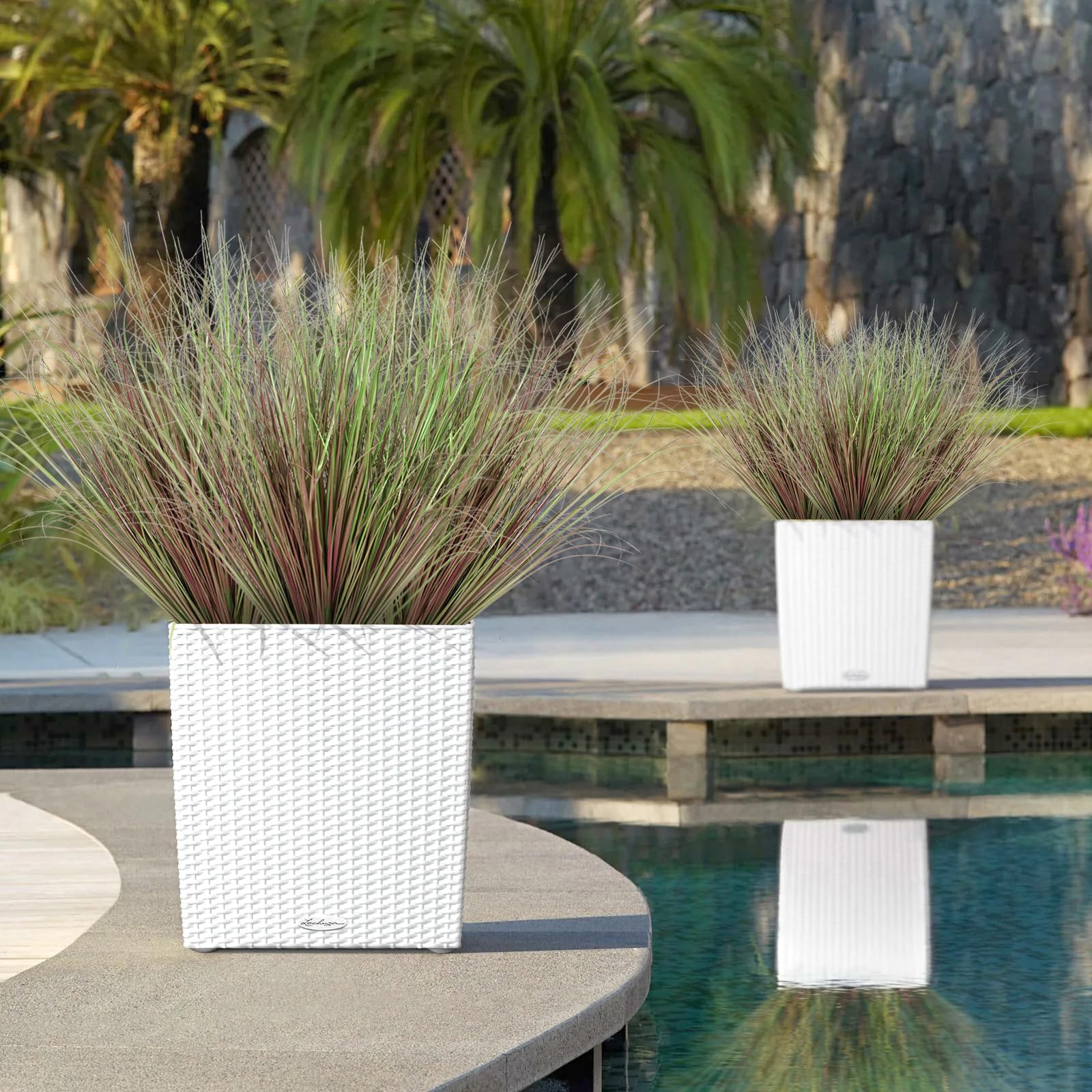 White woven wicker planter with green and brown tall feathery faux plants from betylifoy artificial plants set