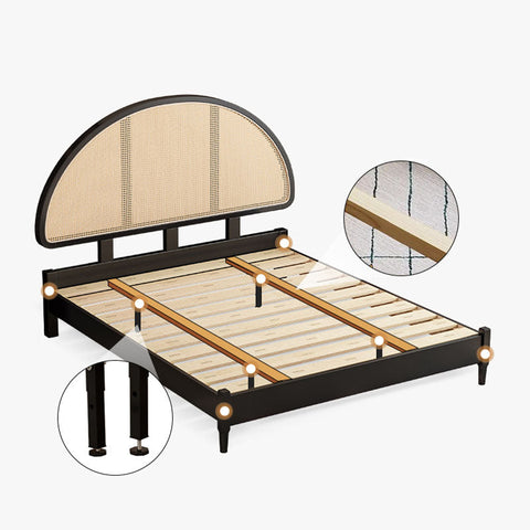 Black-framed beverly king size bed with curved cane headboard and light wooden slats in super king size design