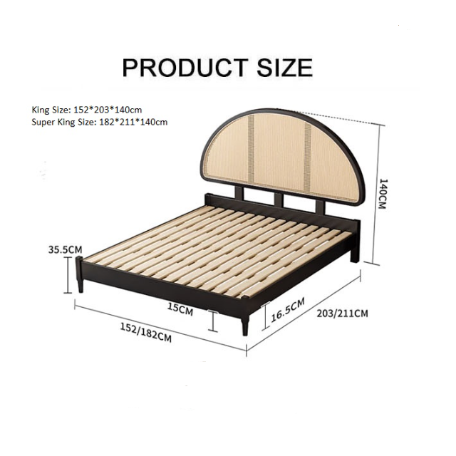 Black-framed beverly king size bed with curved headboard and woven beige rattan panels on slatted wooden base