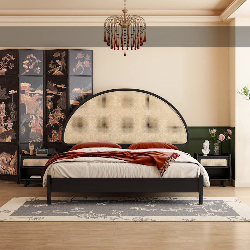 Black-framed beverly king size bed with curved woven cane headboard and matching nightstands in natural finish