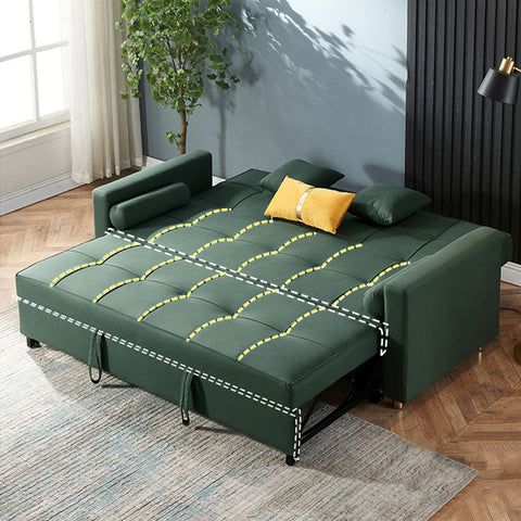Bh155 three seater dark green leathaire sofa bed with tufted quilted design and contrasting yellow stitching