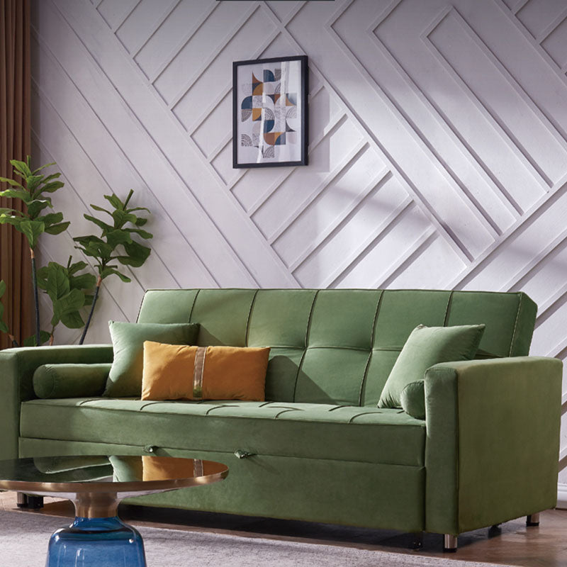 Green velvet bh155 three seater sofa bed with tufted back leather material and orange accent pillow