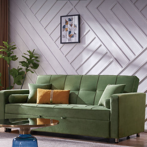 Green velvet bh155 three seater sofa bed with tufted back leather material and orange accent pillow