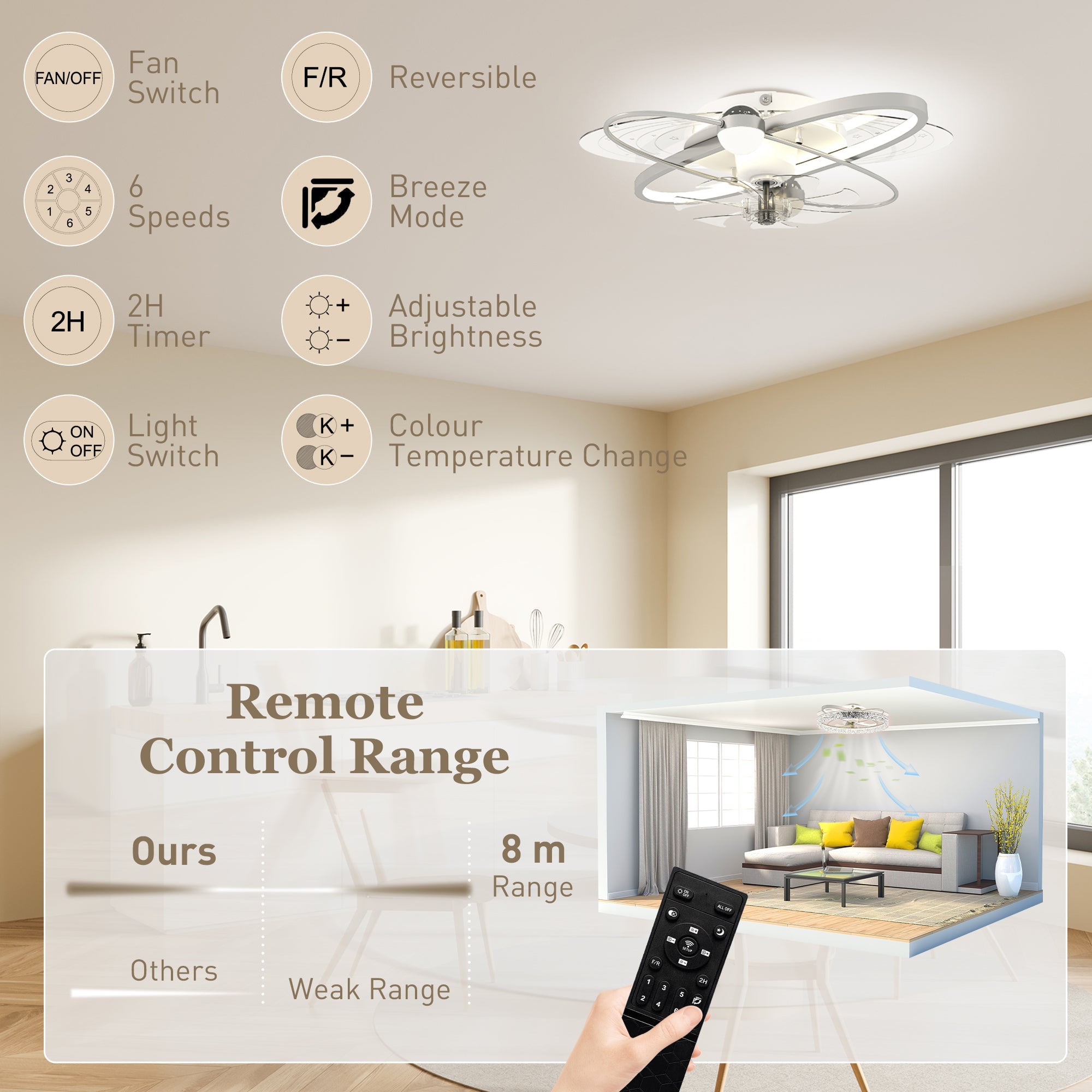 HOMCOM Ceiling Fan with Light and Remote, 3 Colour Temperatures, LED Mount Ceiling Fan Light for Bedroom, Silver Tone