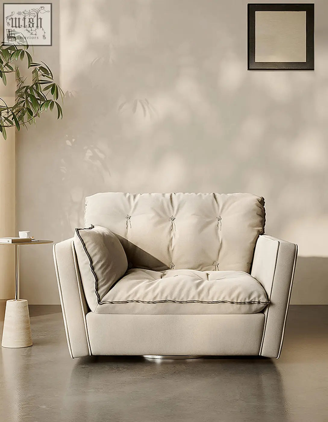 Cream-colored beige bhatia swivel snuggle chair with tufted upholstery and sleek modern design for cozy seating