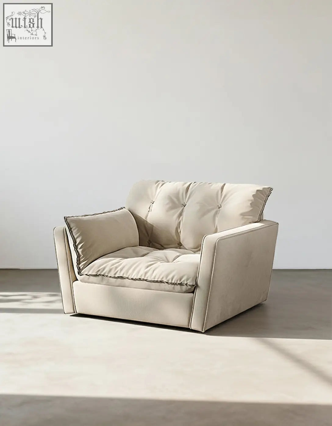 Beige tufted swivel snuggle chair with soft plush upholstery and clean-lined design for cozy seating