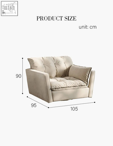 Beige upholstered swivel snuggle chair with tufted back and armrests in soft fabric finish for cozy seating