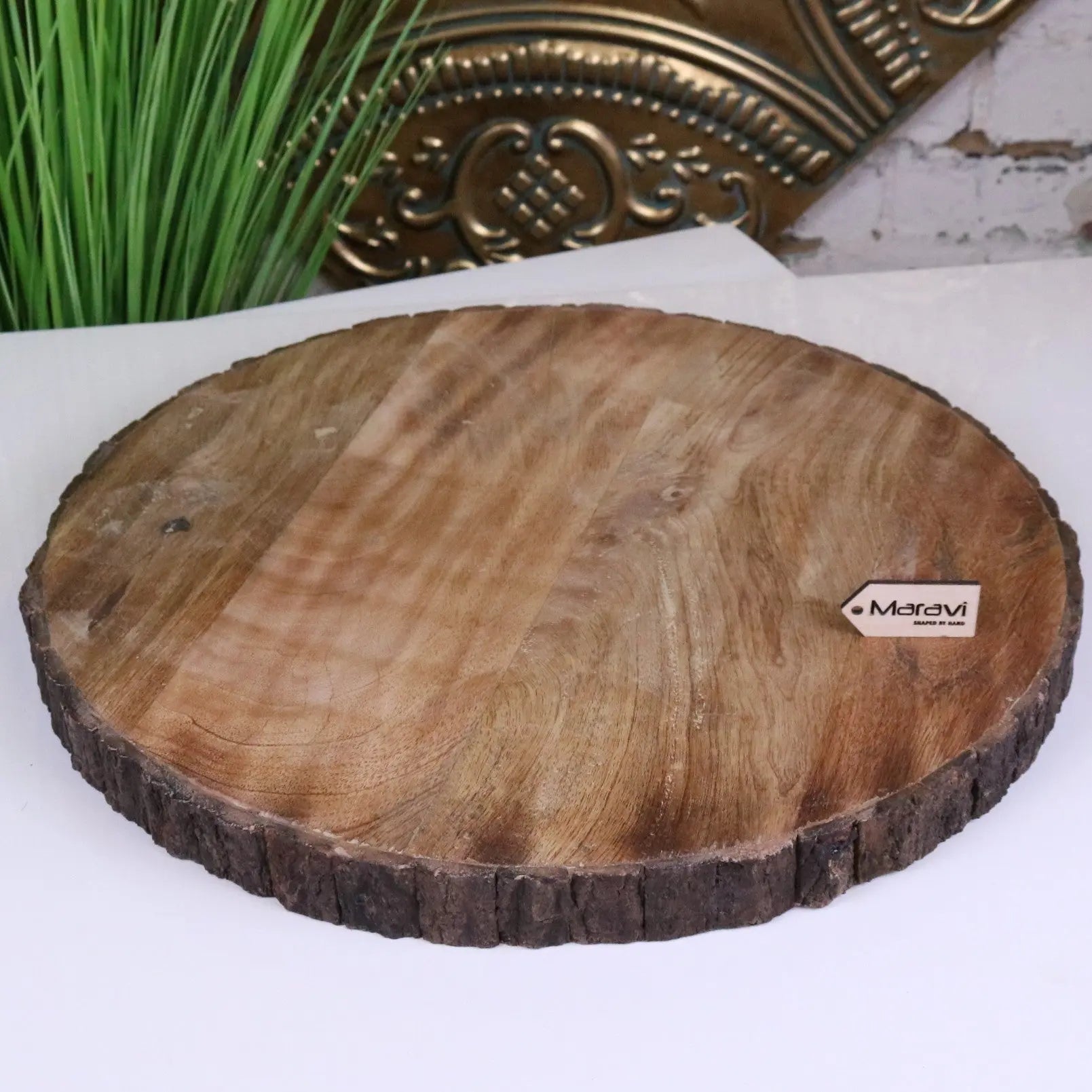 Bhimra round wooden chopping board 42cm with natural wood grain bark edge and moravi brand label