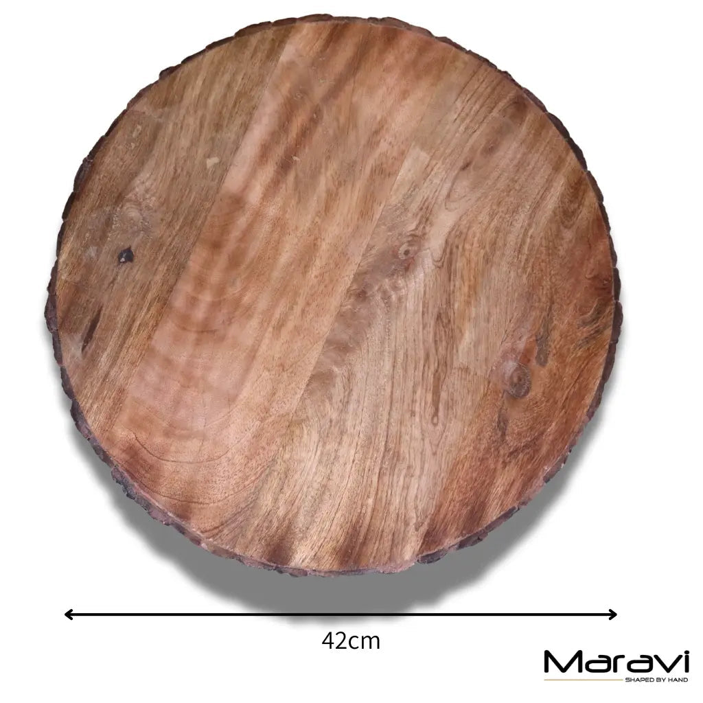 Bhimra round wooden chopping board with natural wood grain and rustic bark edge 42cm handcrafted tray