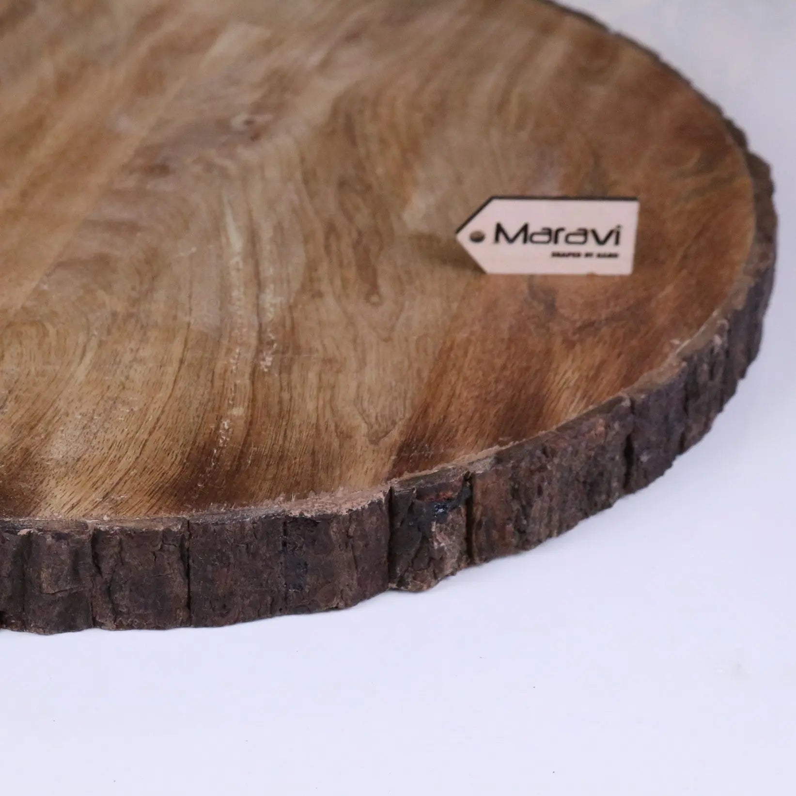 Bhimra round wooden chopping board 42cm with natural grain and rustic dark bark edge wooden chopping board