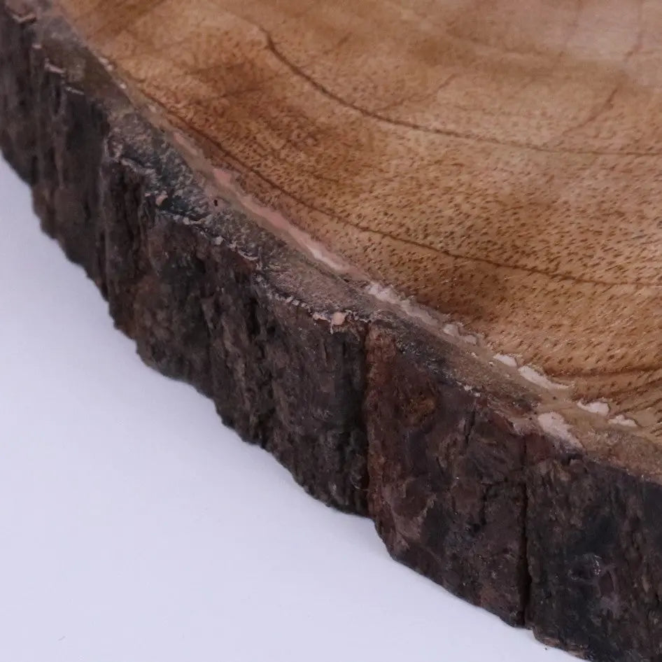 Bhimra round wooden chopping board with natural light brown grain and dark textured bark edge 42cm