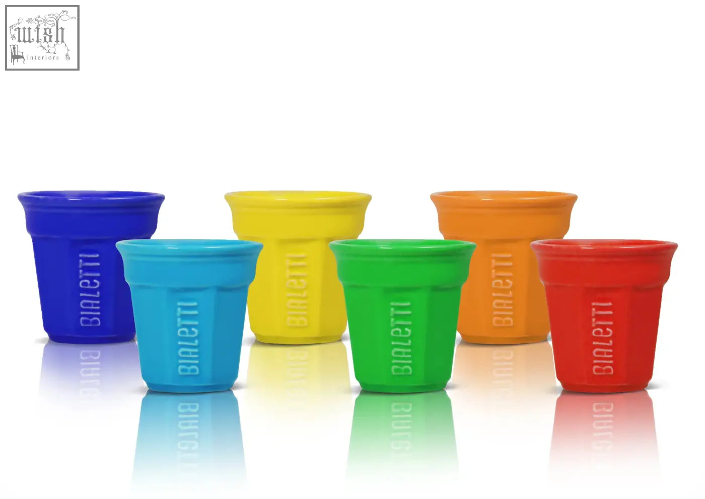 Set of six vibrant glossy bialetti espresso cups in assorted rainbow colors perfect for espresso cups collection