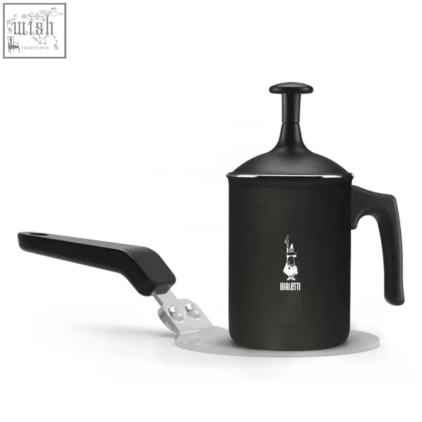 Black bialetti milk frother with matte finish and sturdy handle designed for use with induction plate and stovetop coffee maker