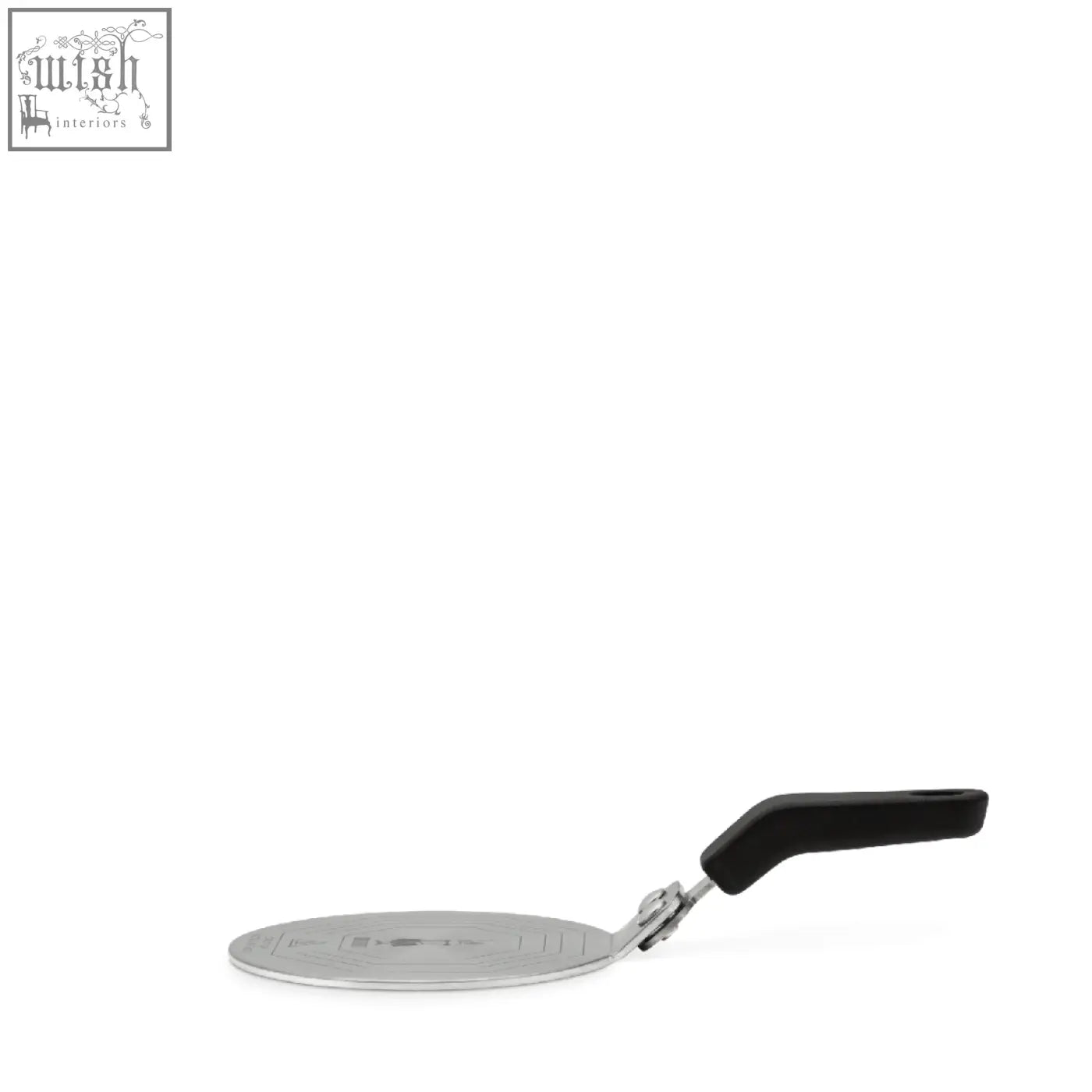 Silver metal pizza peel with black ergonomic handle ideal for use with bialetti induction plate coffee maker
