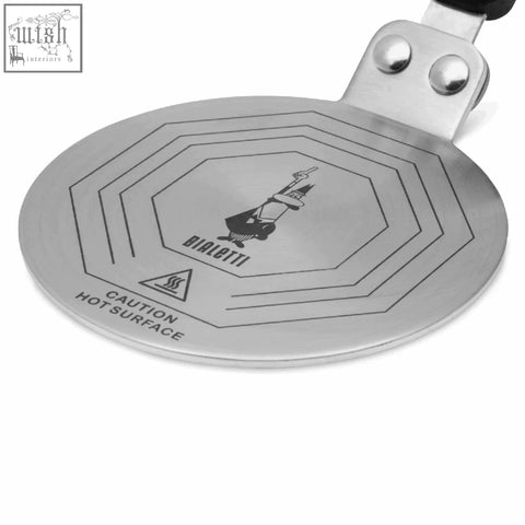 Silver bialetti induction plate with black handle and engraved hexagonal pattern for stovetop coffee maker use