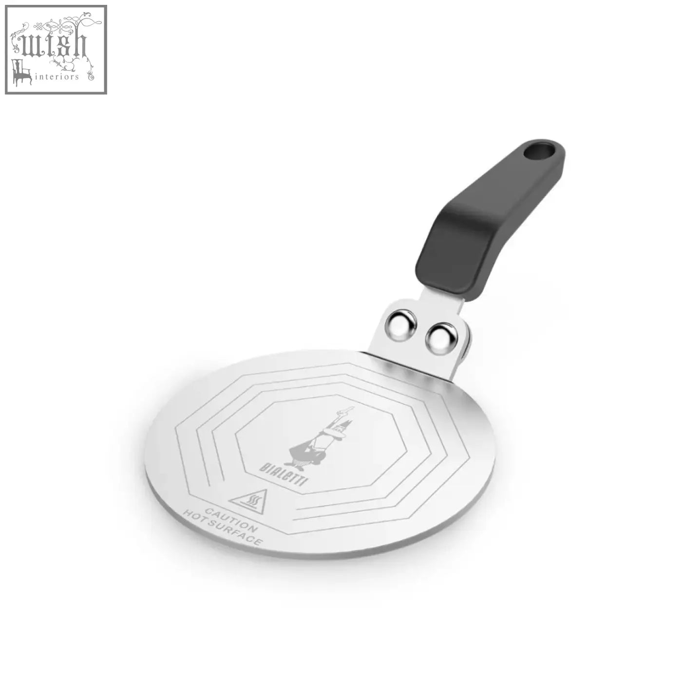 Silver bialetti spatula with black handle and hexagonal design for bialetti induction plate coffee maker use