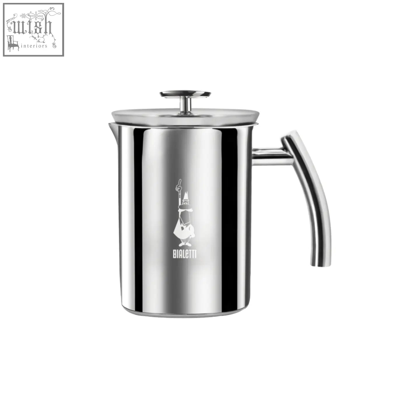 Bialetti stainless steel milk frother with a sleek reflective finish and engraved logo perfect for creamy froth