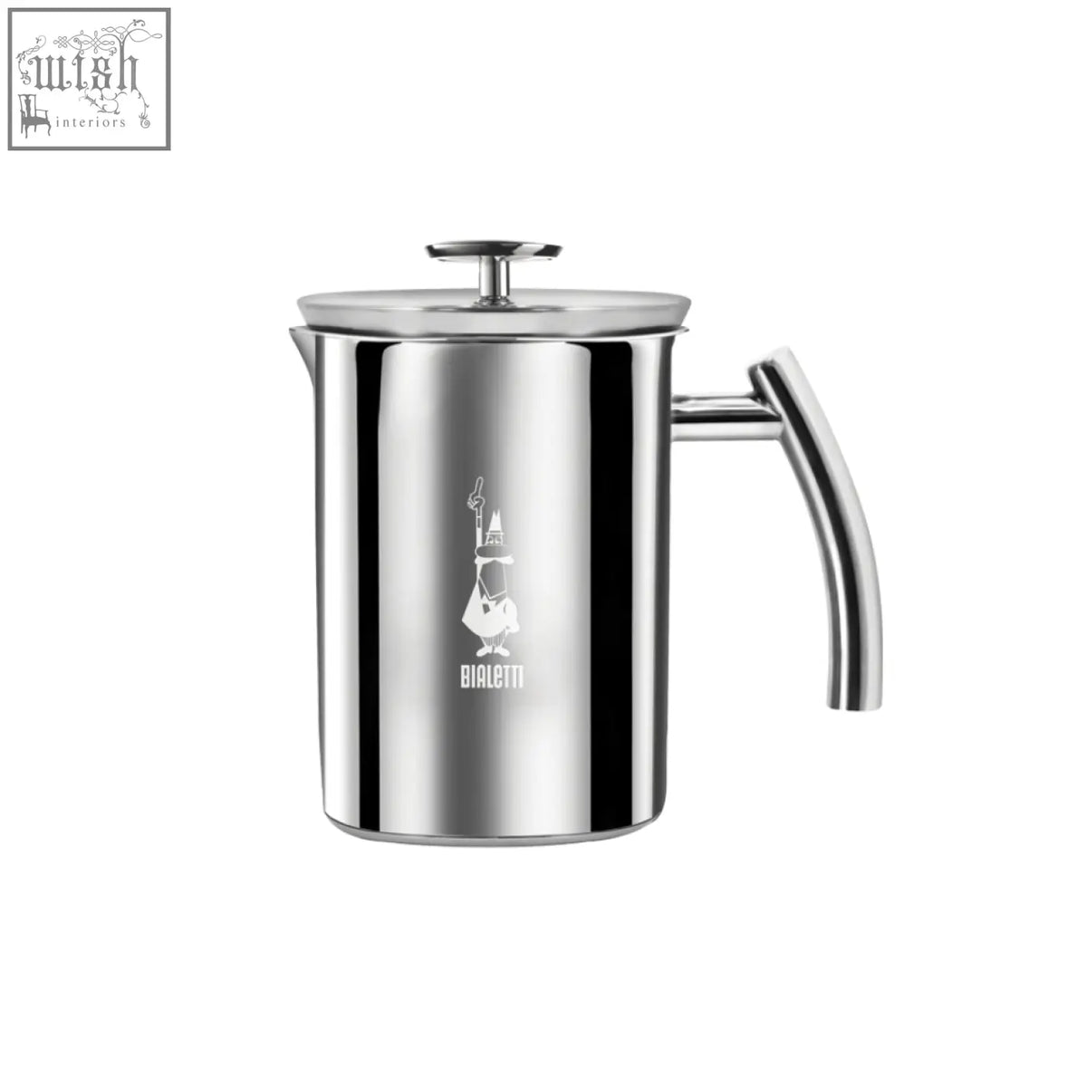 Bialetti stainless steel milk frother with a sleek reflective finish and engraved logo perfect for creamy froth