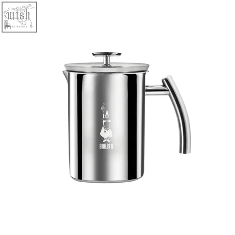 Bialetti stainless steel milk frother with a sleek reflective finish and engraved logo perfect for creamy froth