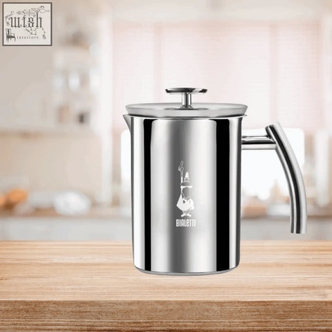 Bialetti manual milk frother stainless steel with polished metallic finish and engraved bialetti stainless steel logo