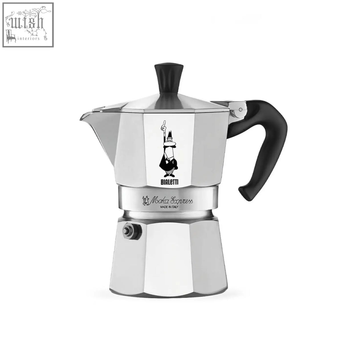 Silver bialetti moka express espresso maker with black handle and spout lid for classic bialetti moka brewing