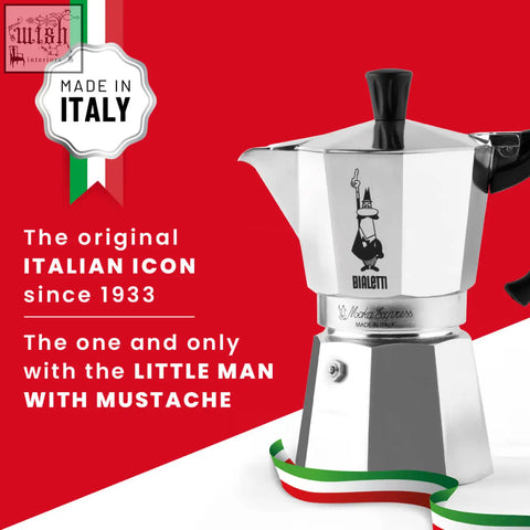 Silver bialetti moka express coffee maker with black handle and spout featuring the iconic little man logo