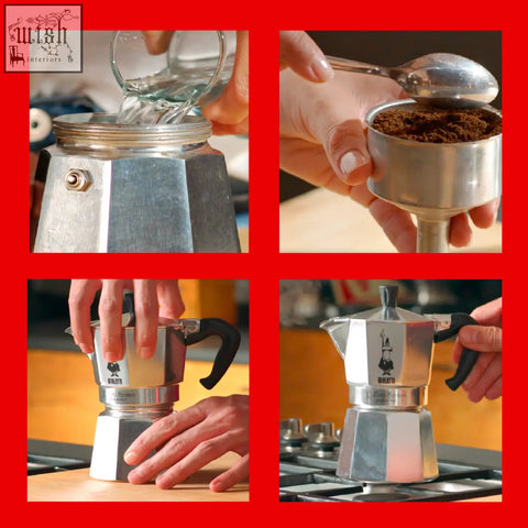 Silver bialetti moka express moka pot with black handles and logo on the side perfect for espresso brewing