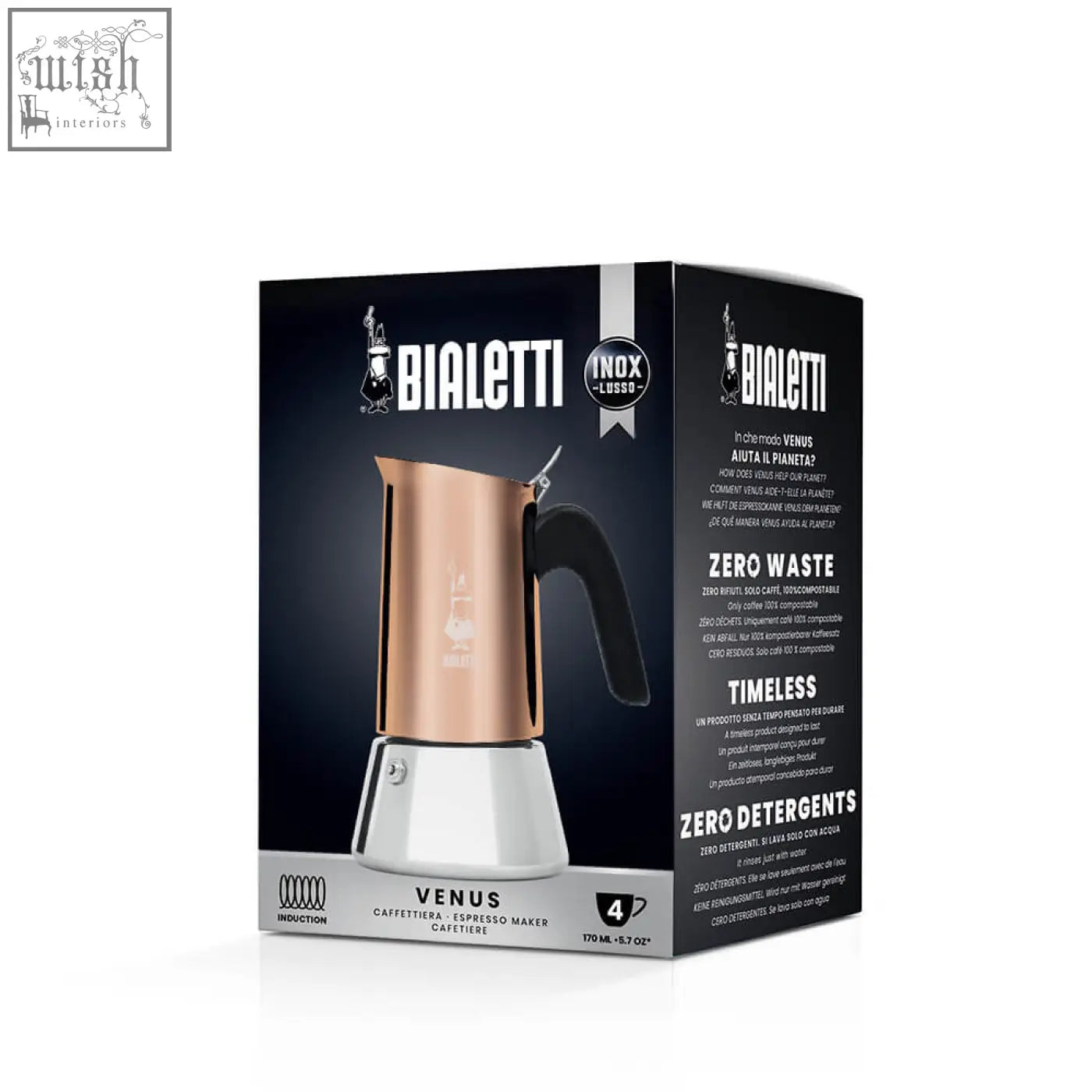 Bialetti venus espresso maker with copper and stainless steel body and black handle for venus induction cooktops