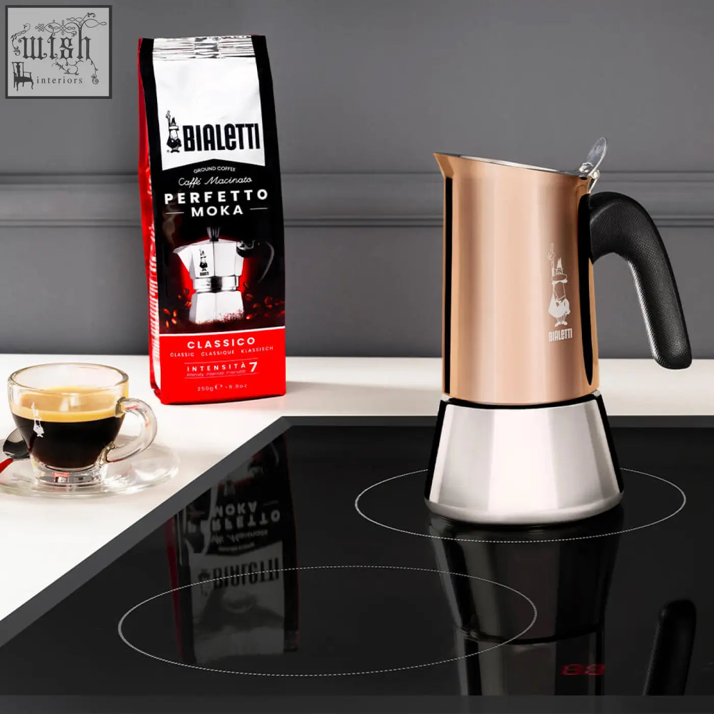 Rose gold and black bialetti venus induction moka pot with sleek modern design for stylish coffee brewing