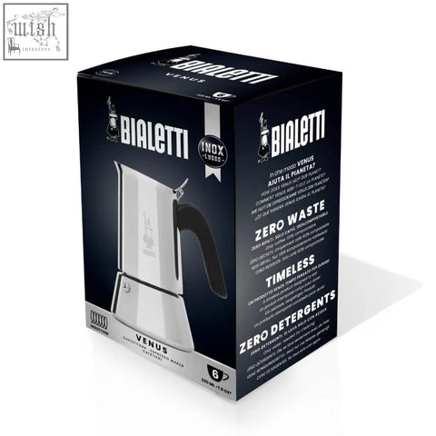 Silver stainless steel bialetti venus espresso maker with black handle ideal for bialetti venus induction brewing