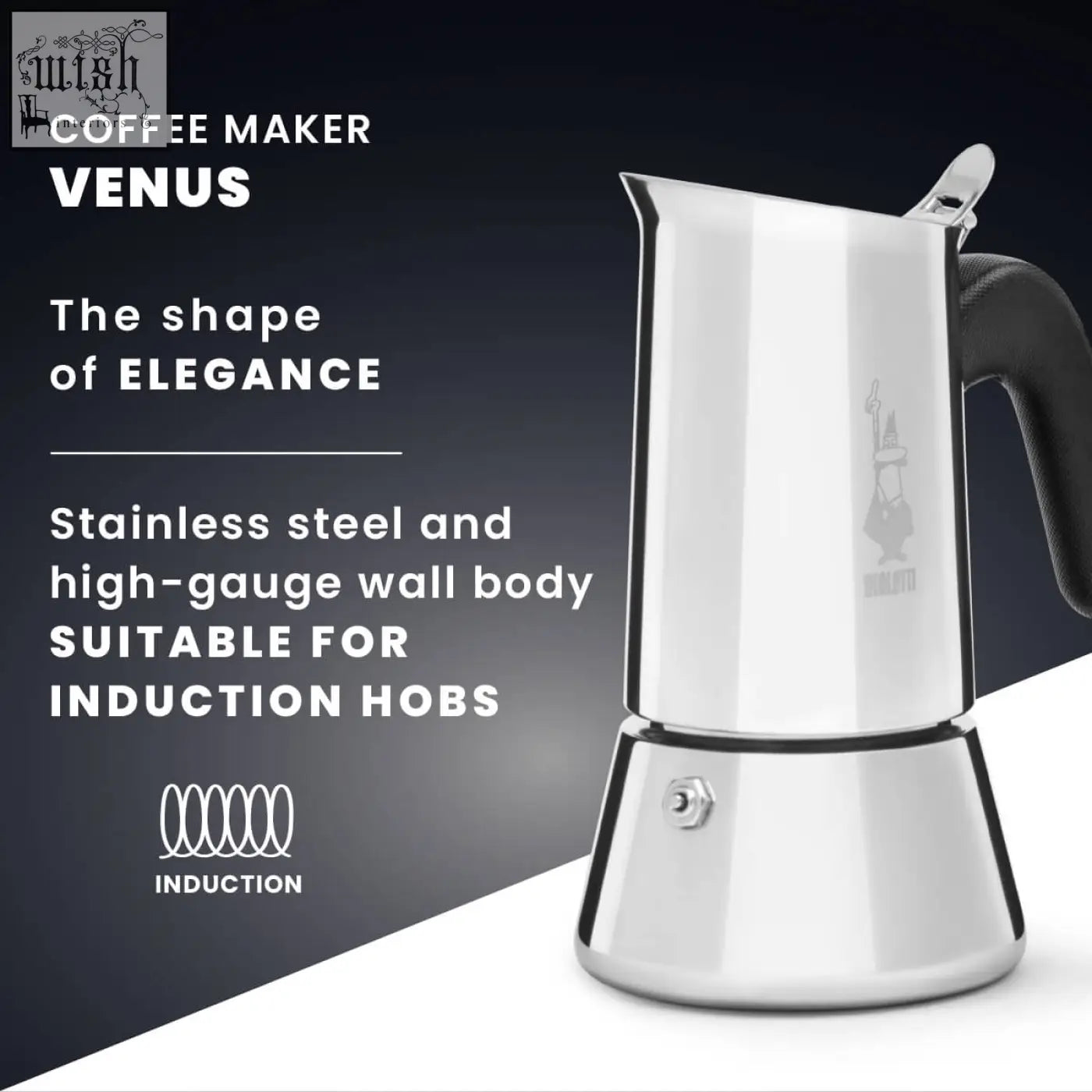 Silver stainless steel bialetti venus coffee maker with black handle and subtle brand logo for venus induction use