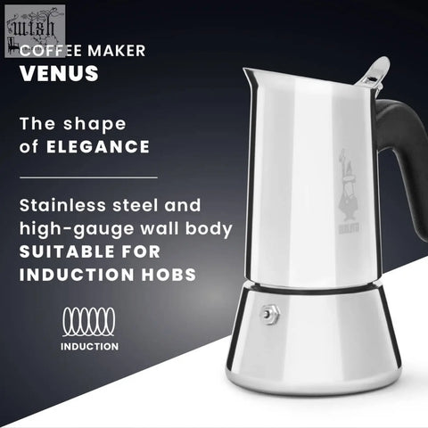 Silver stainless steel bialetti venus coffee maker with black handle and subtle brand logo for venus induction use