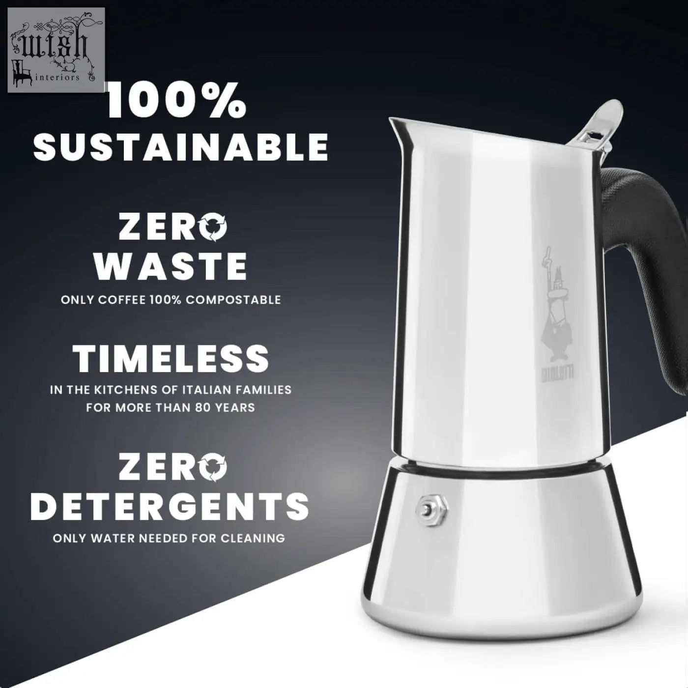 Stainless steel bialetti venus induction moka pot with black rubber handle and silver bialetti venus logo on the side
