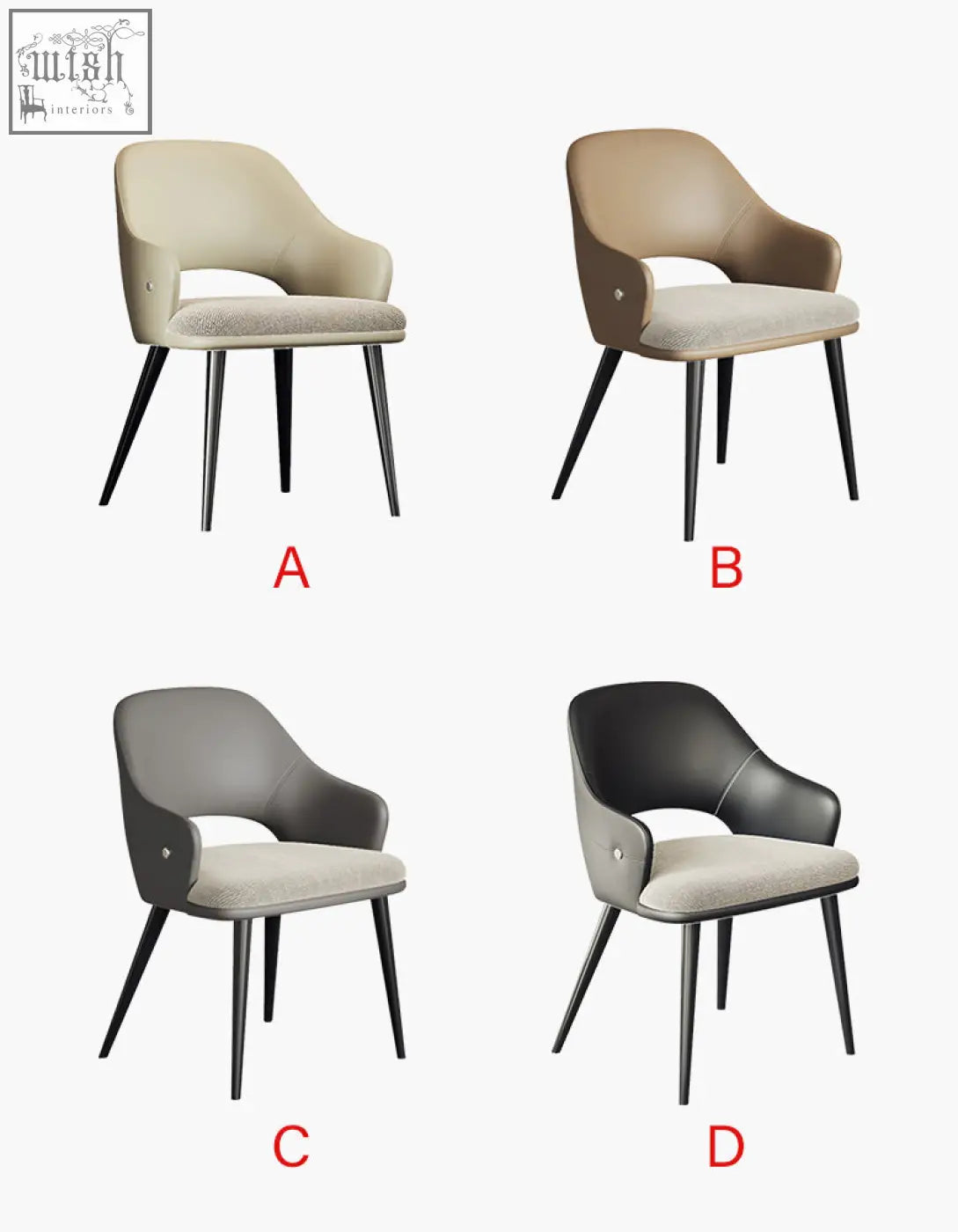Modern bianchi dining chairs with beige and gray leather upholstery and sleek black metal legs for dining room use