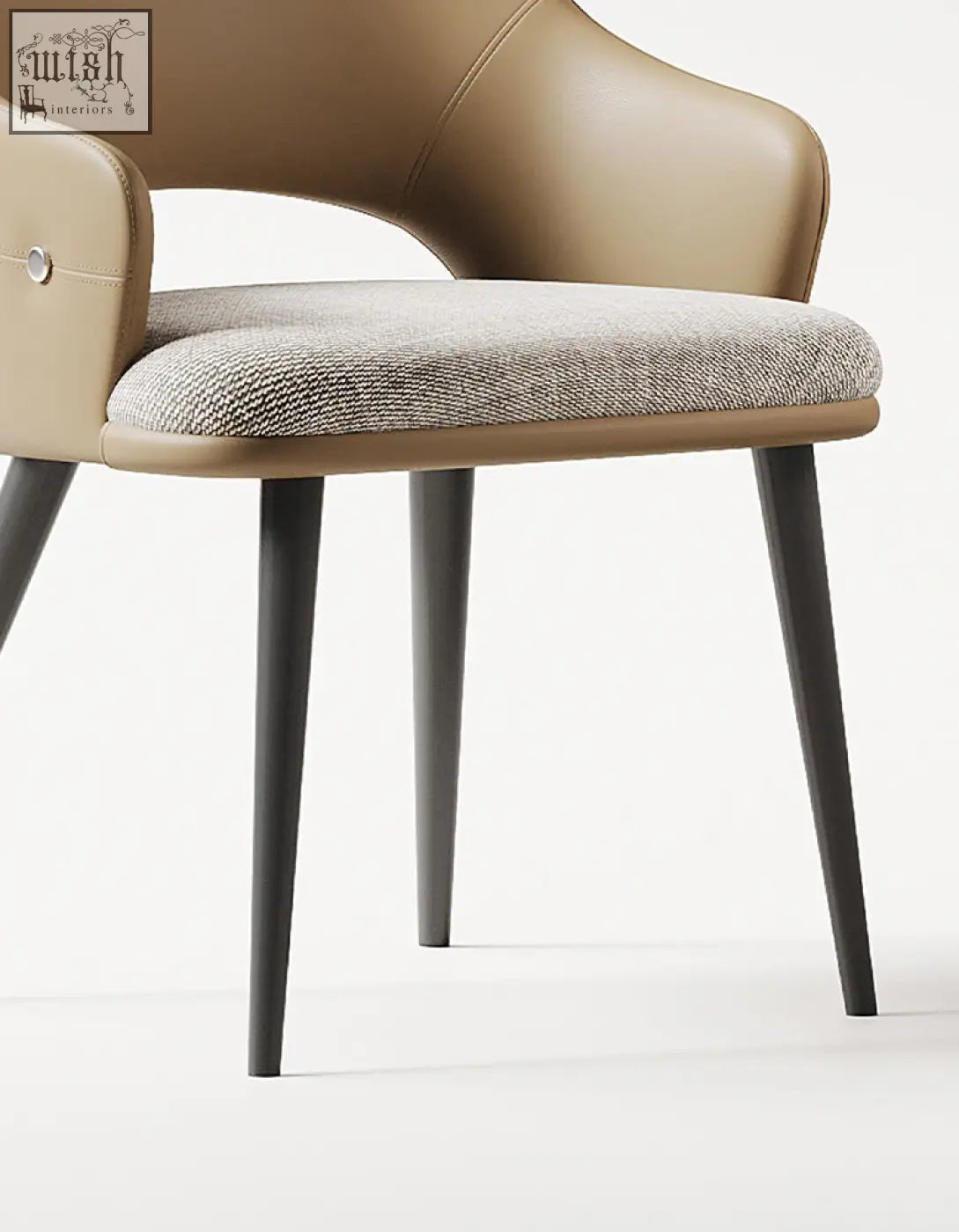 Tan leather bianchi dining chair with textured gray fabric seat and black tapered legs perfect for dining room chairs offer