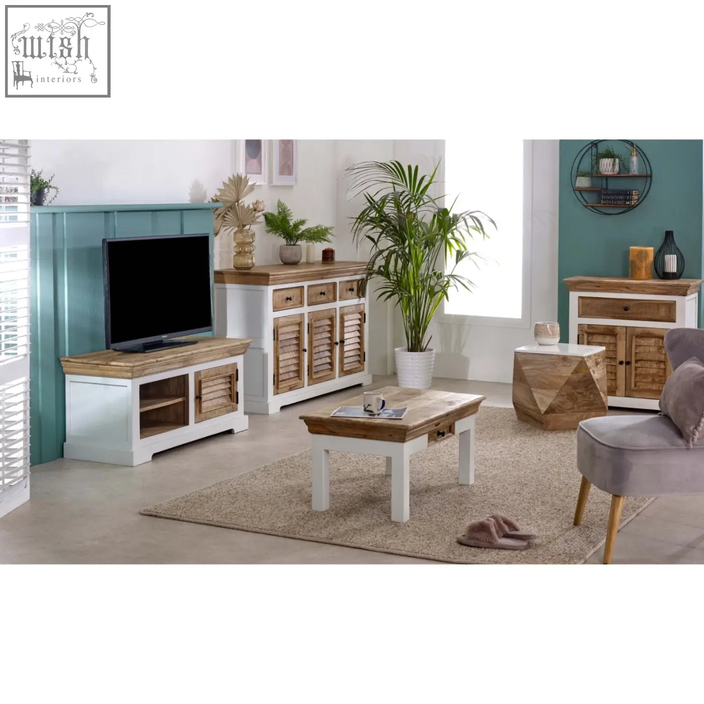 White and natural wood rustic coffee table with slatted side panels made from solid mango wood for stylish storage