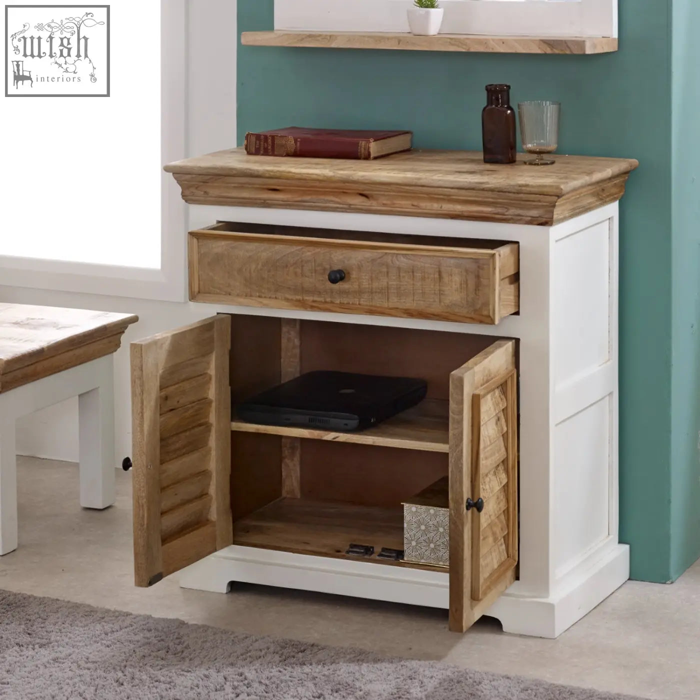 Bianco solid mango wood small sideboard in white with natural wood drawer and slatted doors